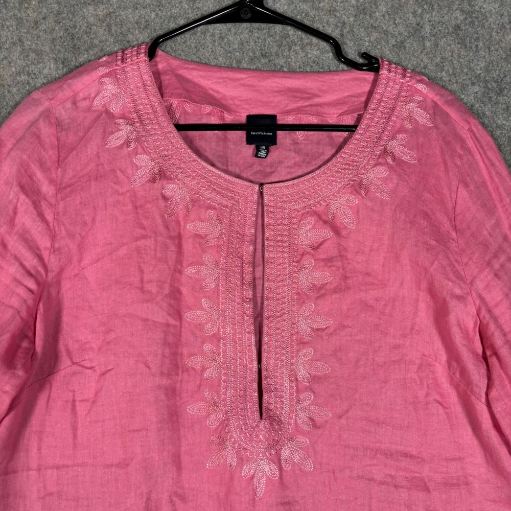 Blue Saks Fifth Avenue Tunic Womens Large Pink Linen Embroidered boho coastal - Picture 2 of 10